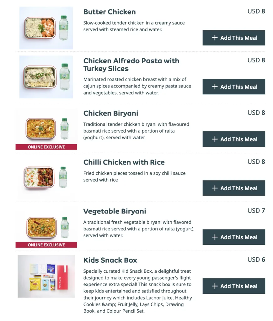 A menu displaying Air Arabia meals with photos, descriptions, and prices, including Butter Chicken, Chicken Alfredo Pasta, Chicken Biryani, Chilli Chicken with Rice, Vegetable Biryani, and a Kids Snack Box.