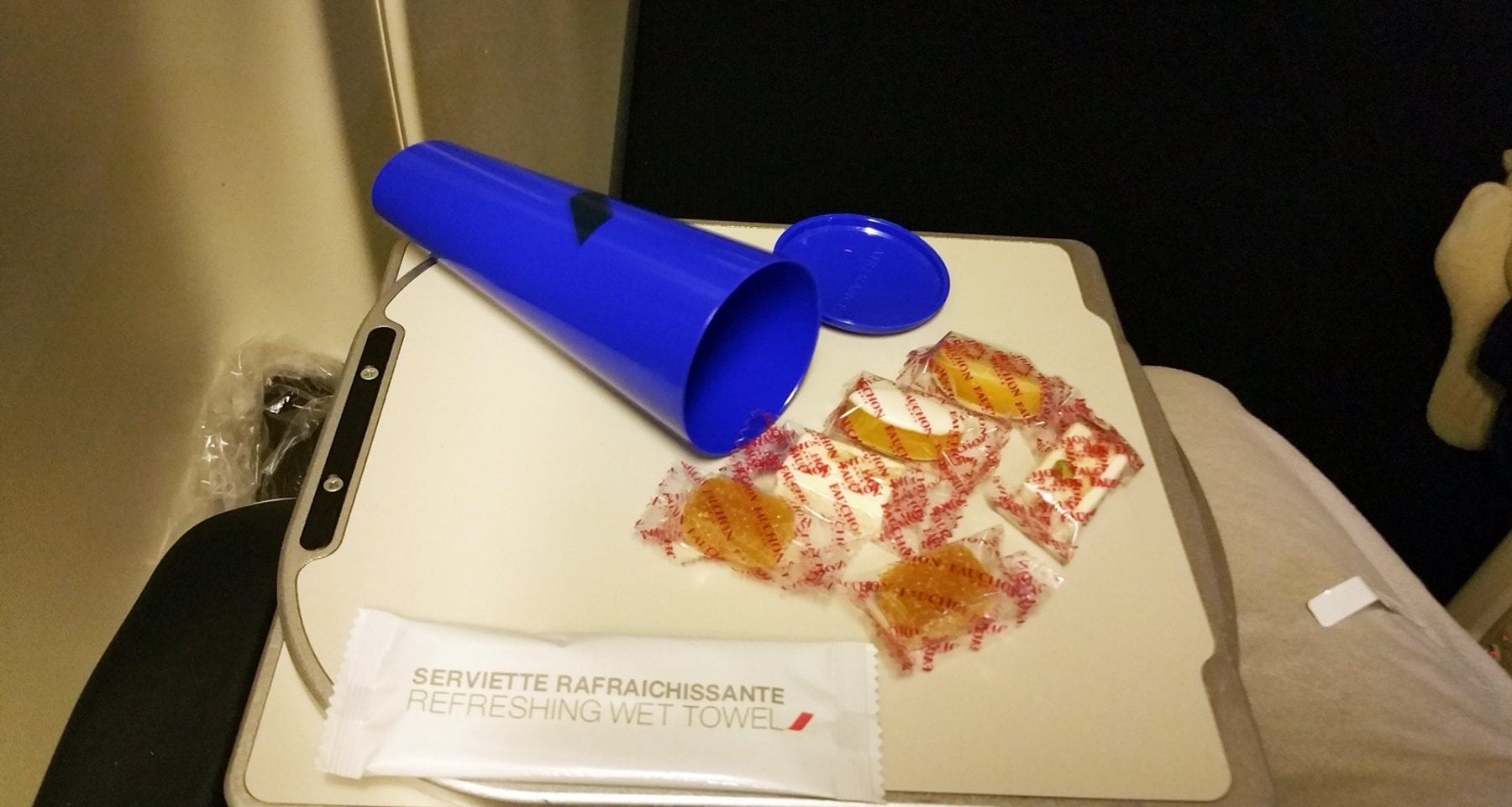 air france refresher towel and sweet cone