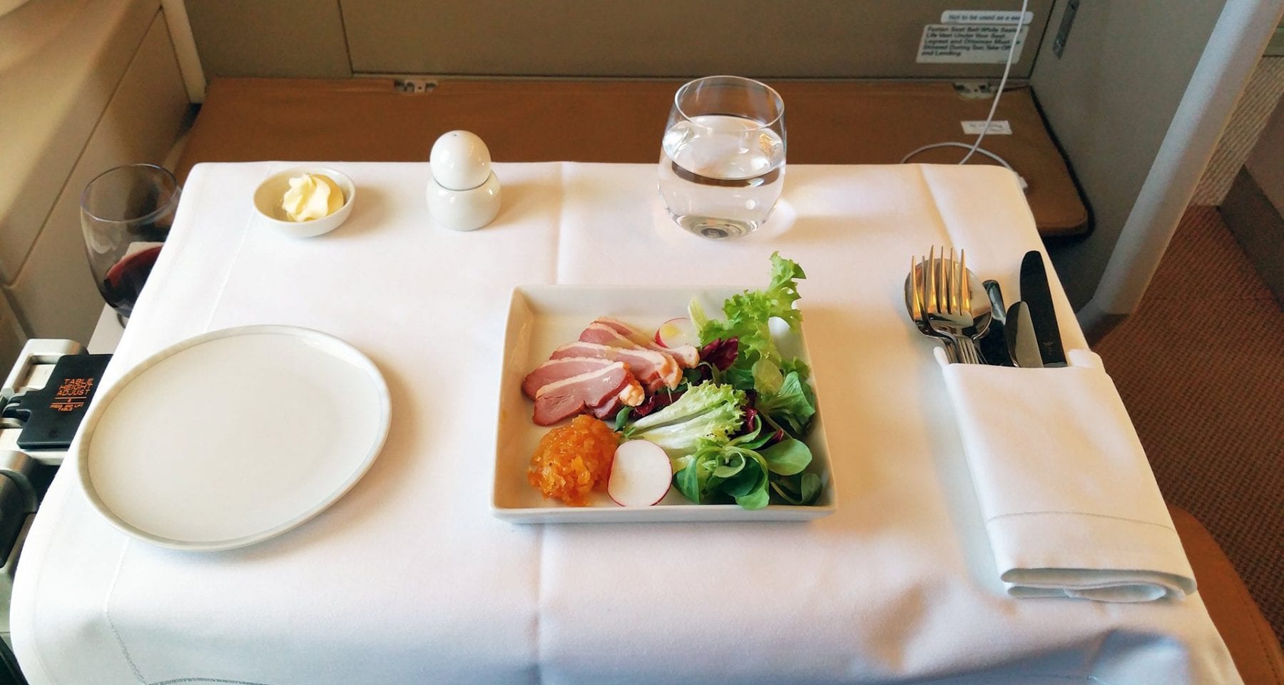 Duck entree served in Business Class on Singapore Airlines from Zurich to Singapore