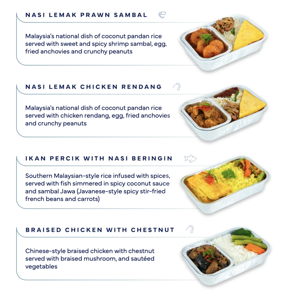 Savor Malaysia Airlines Chef on Call selections: nasi lemak prawn sambal, nasi lemak chicken rendang, ikan percik with nasi beringin, and braised chicken with chestnut, each served with delicious sides and garnishes.