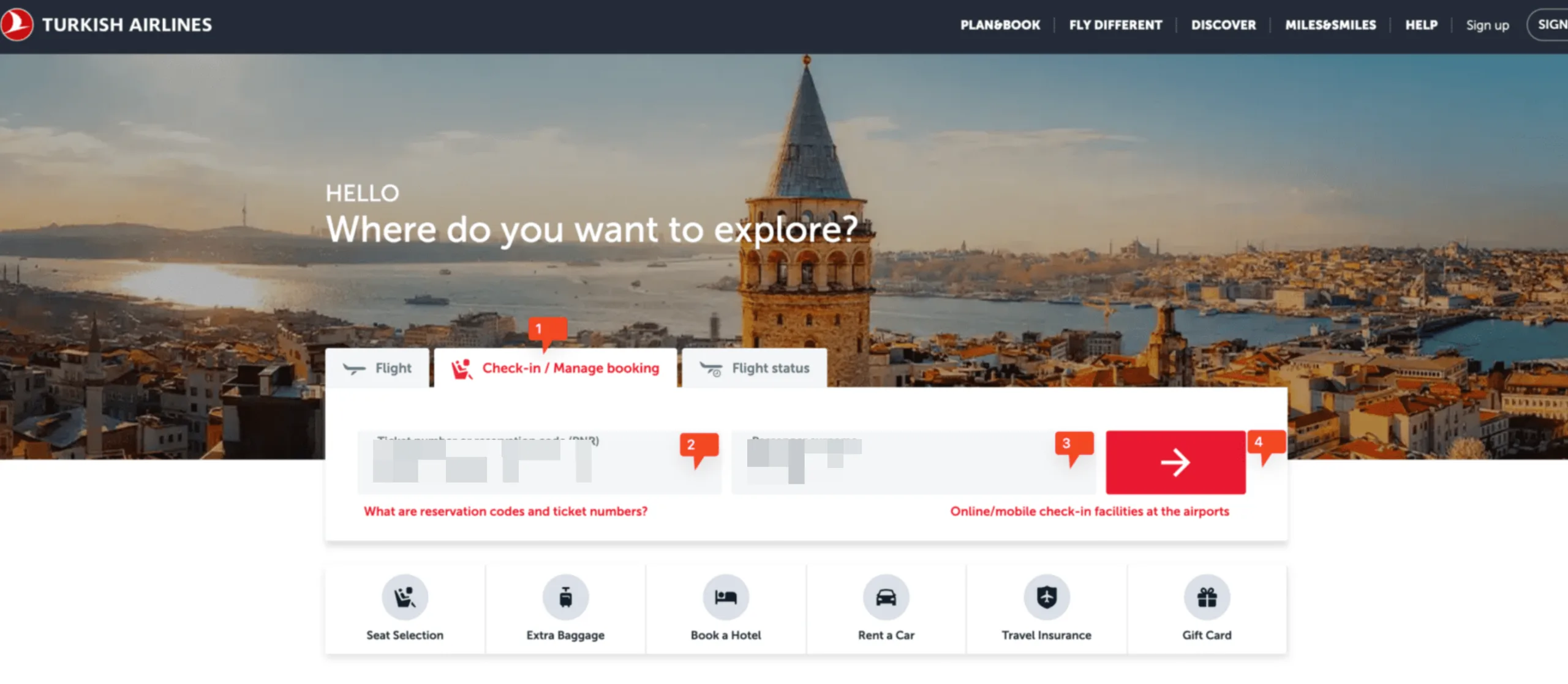 Turkish Airlines website homepage with a cityscape background, search bar for flights, and navigation options for check-in, booking, travel services, and pre order meals Turkish Airlines offers.