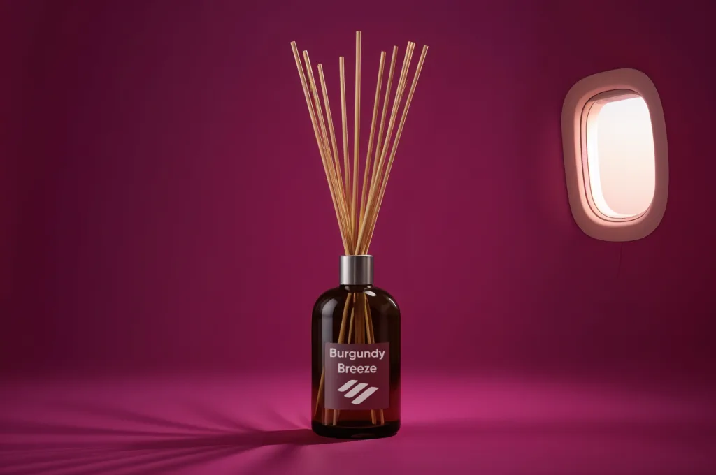 A diffuser labeled "Burgundy Breeze" with wooden reeds stands on a burgundy surface near an airplane window, set against a matching burgundy background—evoking the elegance found when Air France adds Daniel Boulud to its US Chef Roster.