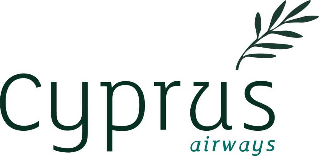Cyprus Airways logo with the word "Cyprus" in lowercase letters and a stylized olive branch above the "u"; "airways" appears below in smaller text, reflecting the excellence found in Cyprus Airways meals.