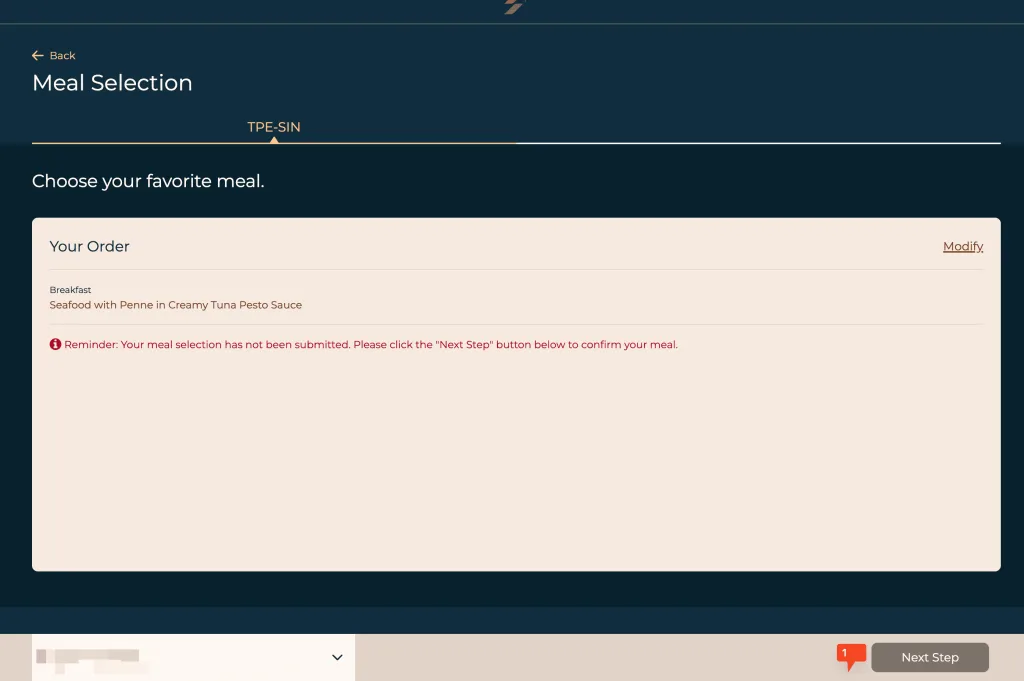 The meal selection page displays an order for seafood with penne in creamy tuna pesto sauce, along with a reminder to confirm the meal before proceeding—a highlight often mentioned in positive Jetstar food reviews.