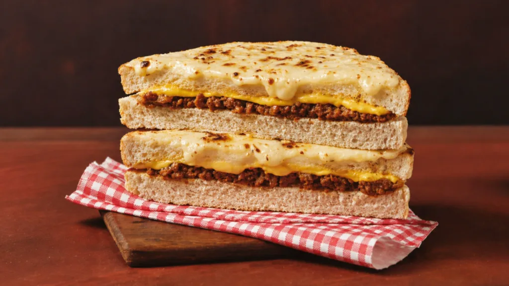 A sliced sandwich with minced meat and melted cheese filling, stacked halves on a wooden board with a red checkered serviette—just the kind of comfort food you might dream of after an Air France journey.